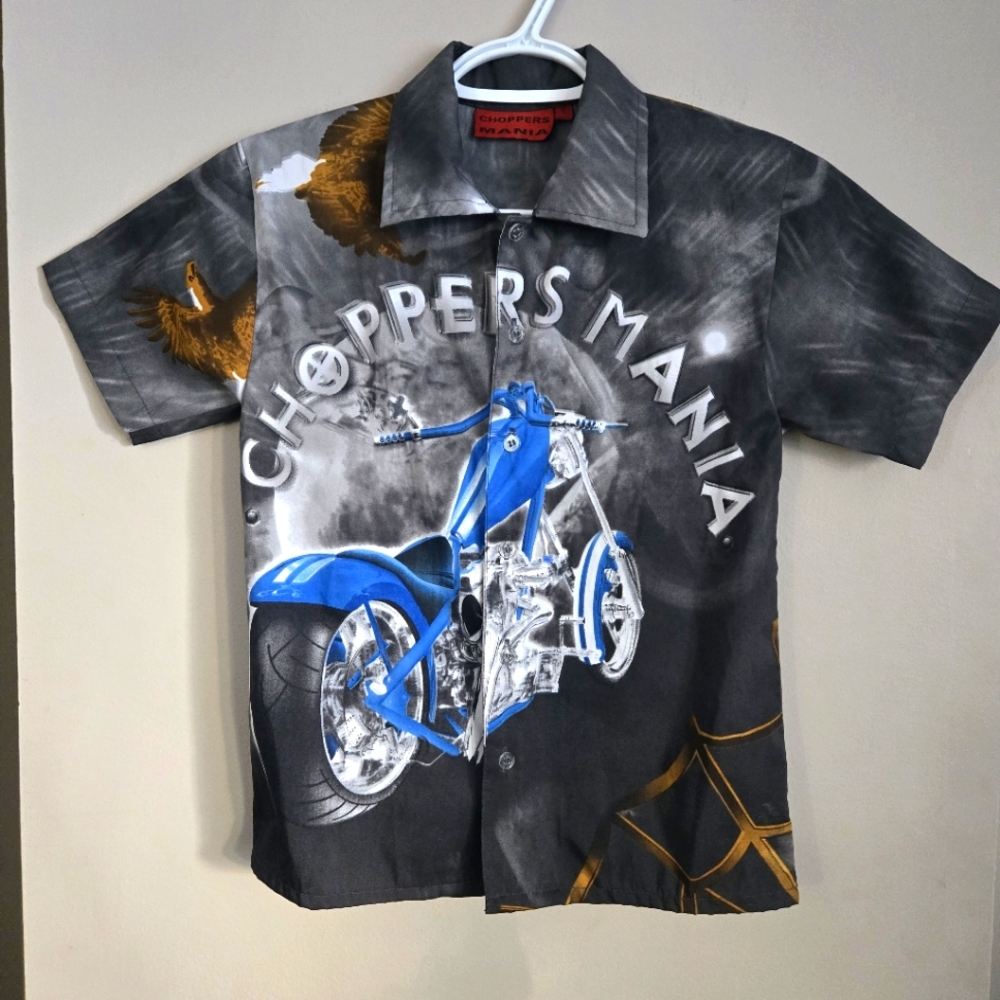 Chopper Mania Vintage Kids Motorcycle Shirt Graphic Button Up Biker Top Harley